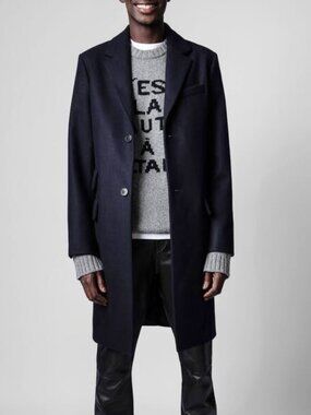 NWT $798 Zadig & Voltaire MATT Navy Point Collar Wool Two-Button Long Coat S